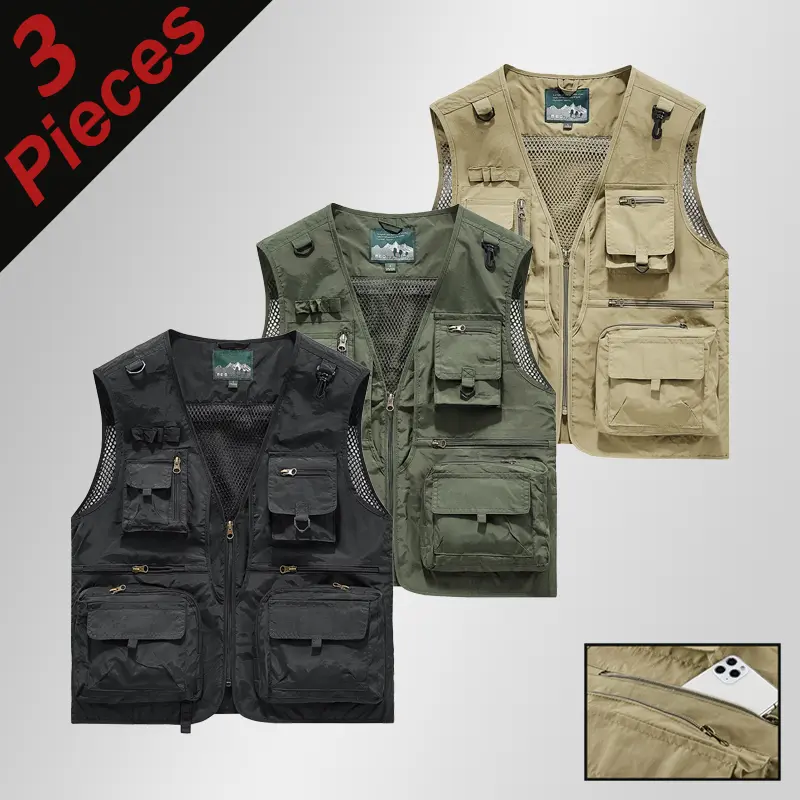 Multi‑Pocket Utility Vest Breathable Mesh Outdoor Cargo Vest For Fishing Hiking Photography Work Wear,Breathable Mesh Utility Cargo Vest Multi‑Pocket Sleeveless Outdoor Tactical Vest For Men Daily & Outdoor Activity, Menswear Tops Gilet Bestie