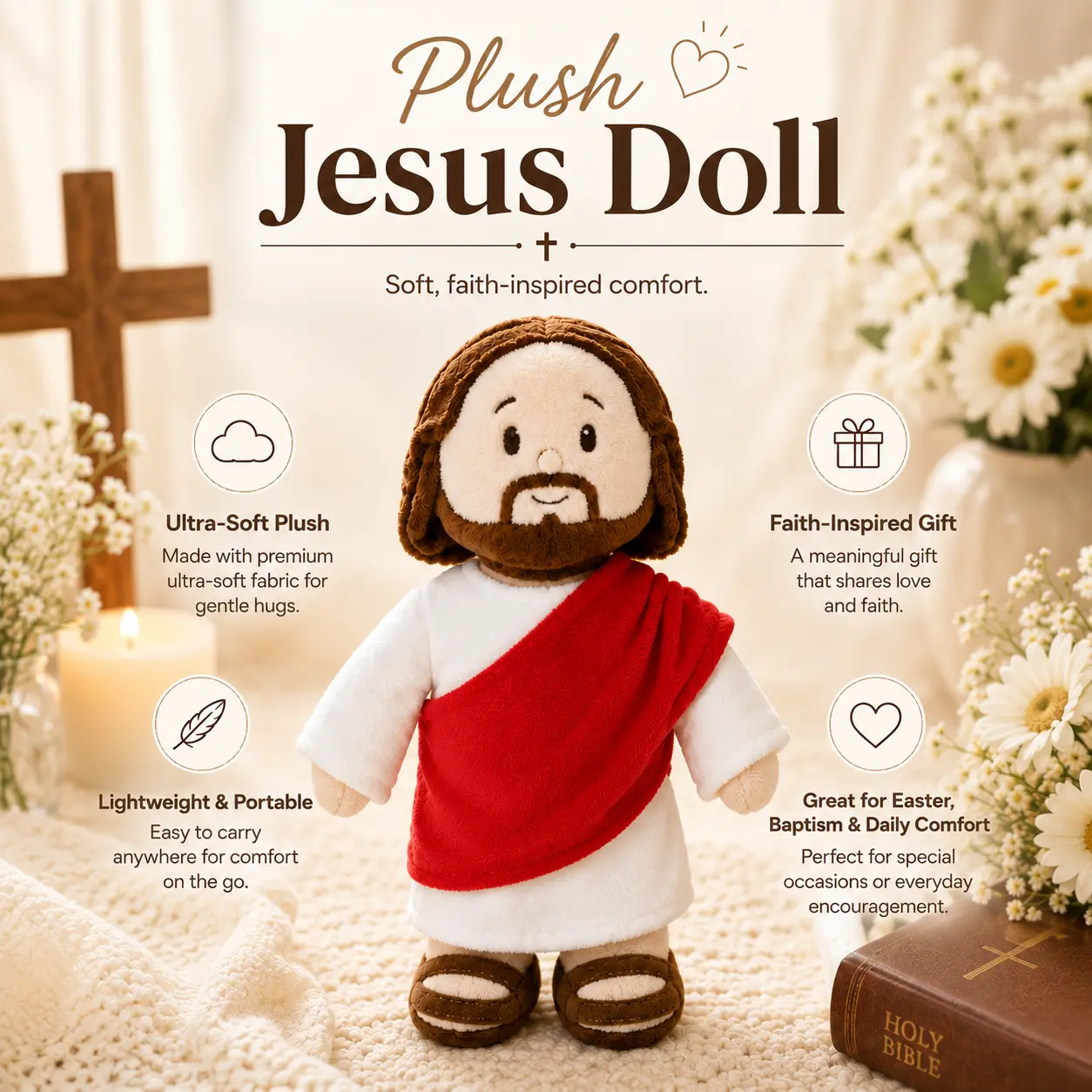 13-Inch Jesus Plush Toy - Ultra-Soft PP Cotton Religious Stuffed Ornament, Baptism Gift, Safe Faith Home Decor Fashion Accessory Novelty Cap Christmas Lightweight
