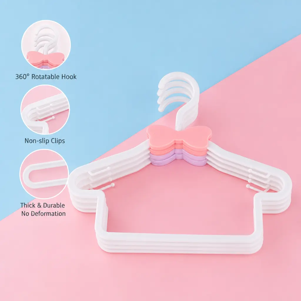 1 Count, plastic clothes hanger with bow decoration, 360 degree rotatable hook, non-slip structure, for kids clothing storage at home wardrobe