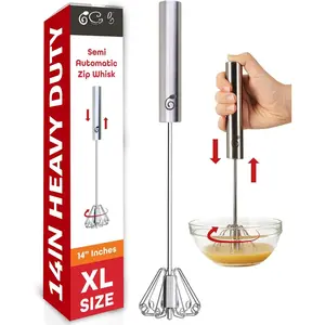 14 Inch Stainless Steel Hand Whisk - Durable & Easy to Use Push-Down Zip Whisker - Rotary Hand Mixer for Beating Eggs, Frothing Milk, Blending, Mixing, Whipping Smoothies & Shakes - Kitchen Tools