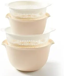 2 in 1 Kitchen Colander Set with Bowl Strainer (2 Sets 3 Qt),BPA Free Plastic Fruits and Vegetable Washing Basket,Dishwasher Friendly Double Layered Drain Basin,for Pasta Salad Berry Cleaning Mixing