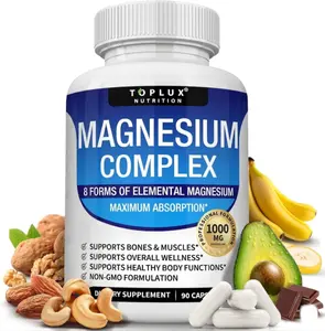 8-in-1 Elemental Magnesium Complex 1000mg with Glycinate Citrate Malate and Taurate High Absorption Chelated Mineral Supplement for Muscle Recovery Bone Health Energy and Better Sleep Vegan Non-GMO Relaxation Support for Men and Women 90 Capsules