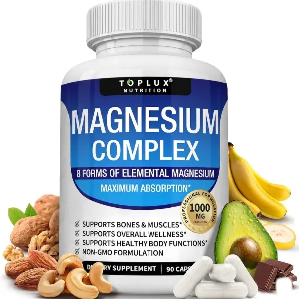 8-in-1 Elemental Magnesium Complex 1000mg with Glycinate Citrate Malate and Taurate High Absorption Chelated Mineral Supplement for Muscle Recovery Bone Health Energy and Better Sleep Vegan Non-GMO Relaxation Support for Men and Women 90 Capsules