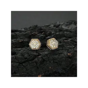 2pcs Men's Hip Hop Cross Stud Earrings With Rhinestone Cubic Zirconia Hexagon Design, Personality