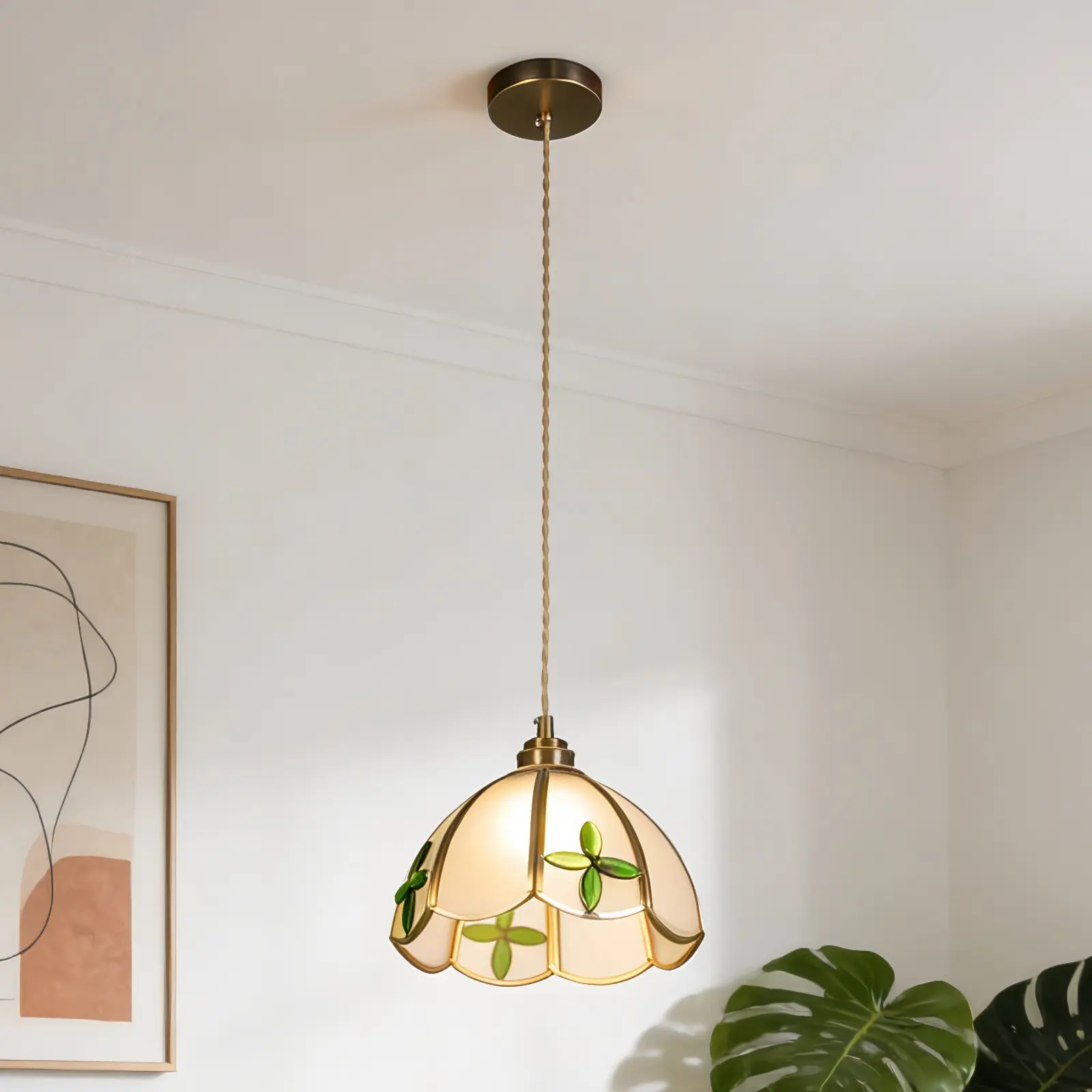 8-Inch European Clover Glass Pendant Light, Copper 1-Light Hanging Lamp with E26 Bulb for Kitchen, Dining Room & Living Room
