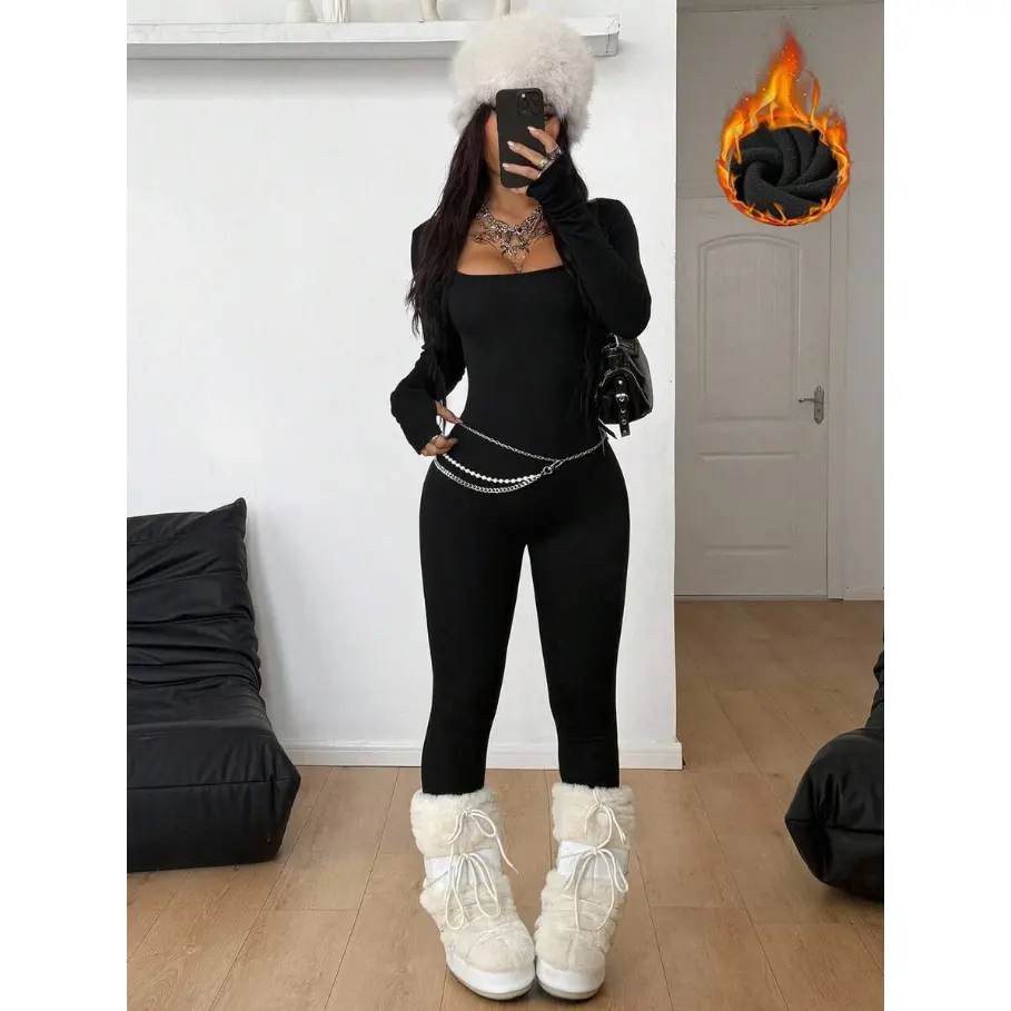 LUNA LAYER Womens Thermal Lined Long Sleeve Romper Scoop Neck Athletic Bodycon Jumpsuit