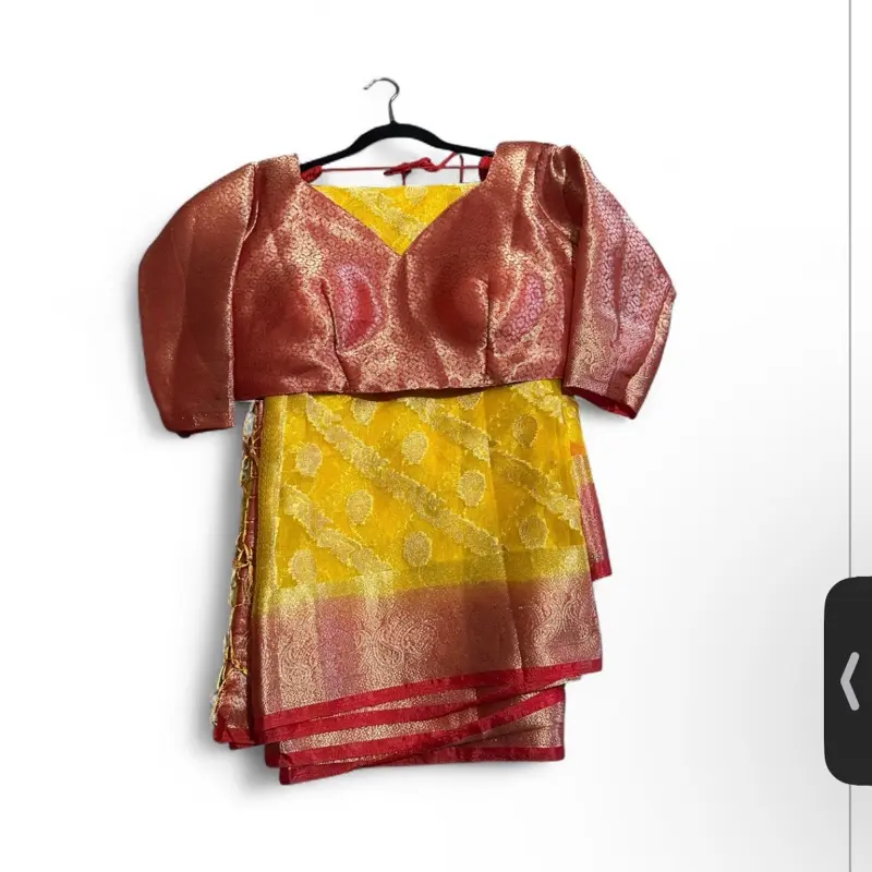 Organza Saree with Blouse - Blue and Gold Color Block Design, Perfect for Party Wear, Womenswear - Costume Clothes Multicolor