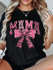 Women's Oversized Loose Fit Graphic T-Shirt - Black with Pink Leopard Spot "MAMA" & Bow Design, Soft Stretch Crew Neck Short Sleeve Casual Tee, All-Season Comfort, Machine Washable, Mother's Day Gift, Ladies T Shirts, Bold Design Shirt, Comfortable Stretc