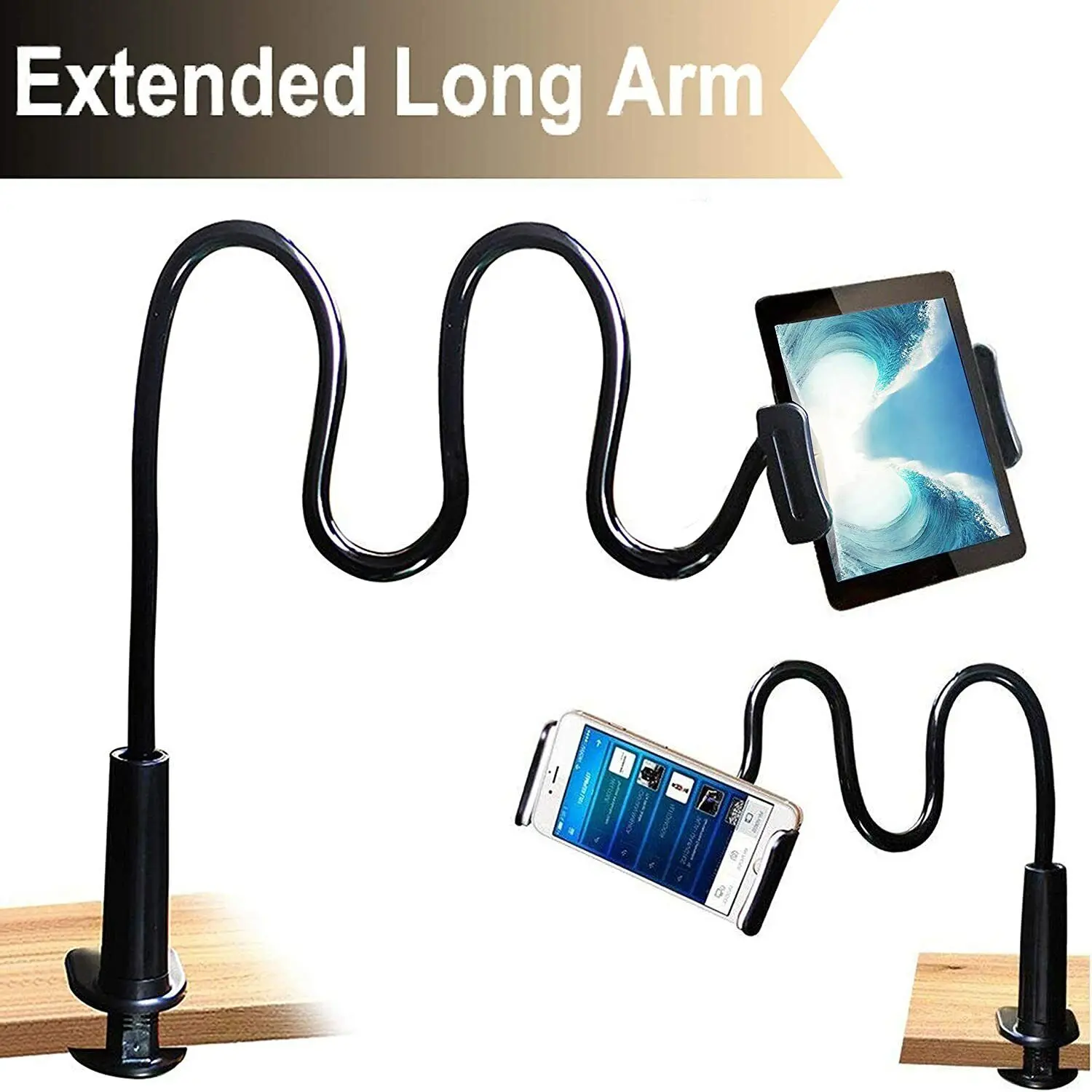Long Arm Flexible Cell Phone Mount - Adjustable Smartphone Stand for iPhone, iPad, Samsung Devices - Ideal for Bed, Desktop Use - Mobile Phone Accessory