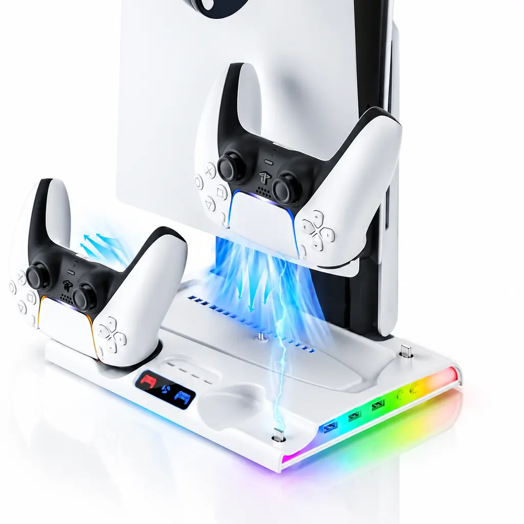 PS5 Cooling Station with Quiet Cooling Fan and Fast Controller Charger for Disc & Digital Console, PS5 Accessories Screw and Headset