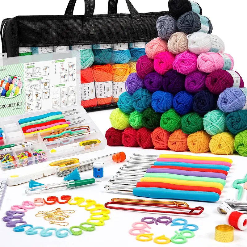 Inscraft Complete Crochet Kit for Beginners - 113-Piece Hobbies Kit Adults with 40 Bright Colors, 1600yd Bright & Lustrous Assorted Yarn, 73 Accessories (Ergonomic Hooks, Knitting Needles, Punch Needle) for DIY Mini Crafts Making