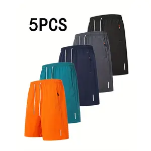 5-Pack Men's Slim Breathable Casual Shorts with Reflective Stripes, Zippered Pockets & Drawstring Waistband - Lightweight Summer Outdoor Workout Wear in Black, Navy, Orange, Teal and Dark Grey
