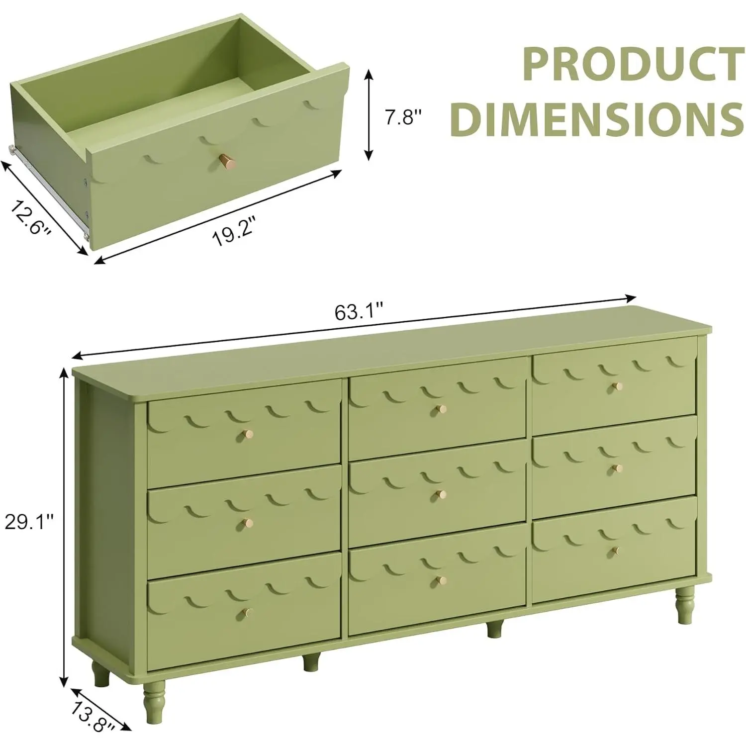Anbuy 9 Drawer Dresser for Bedroom Green, Long Scalloped Chest of Drawers,  Modern Wide Organizer Storage with Drawers, Fluted Petal Pattern Large  Storage Cabinet, Living Room, Porch - TikTok Shop