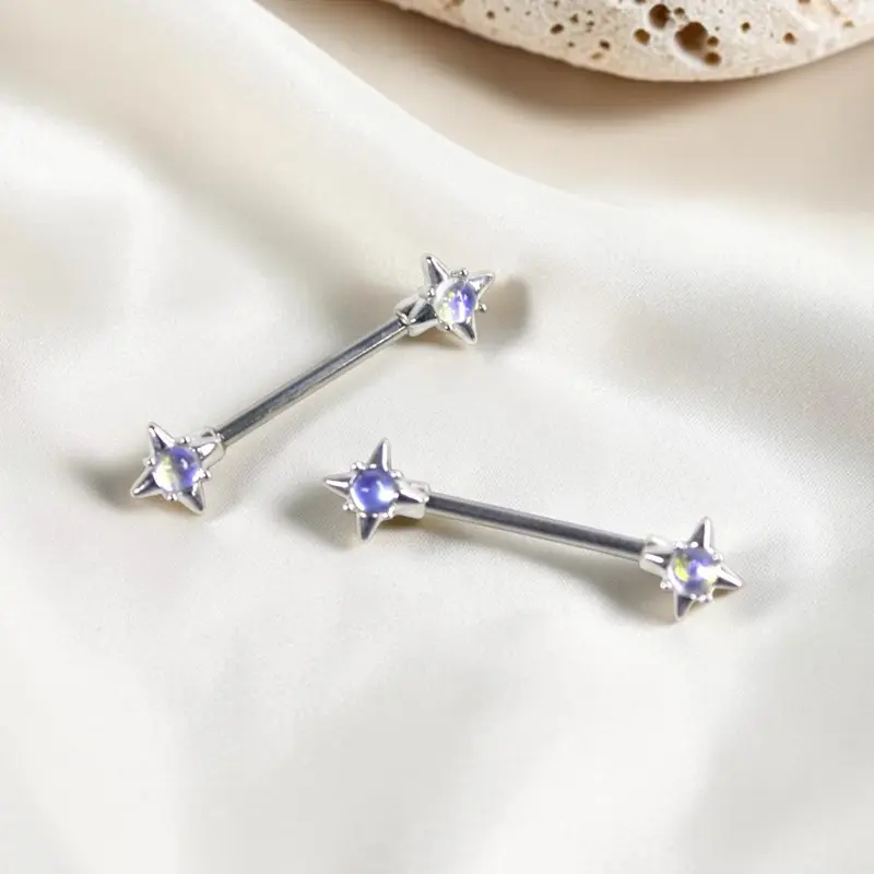 Moonlight Stone Nipple Ring - 14g Surgical Steel Body Jewelry, Cute Star Shape Design, Everyday Wear Nipple Piercing Accessory for Females