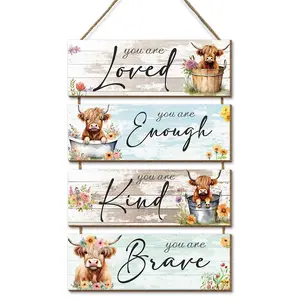 Highland Cow & Flower & Letter Pattern Wooden Sign, Vintage Plaque Decor, 4 Counts/set Farmhouse Themed Wall Hanging Ornament, Wall Decor for Home Living Room Bedroom Kitchen