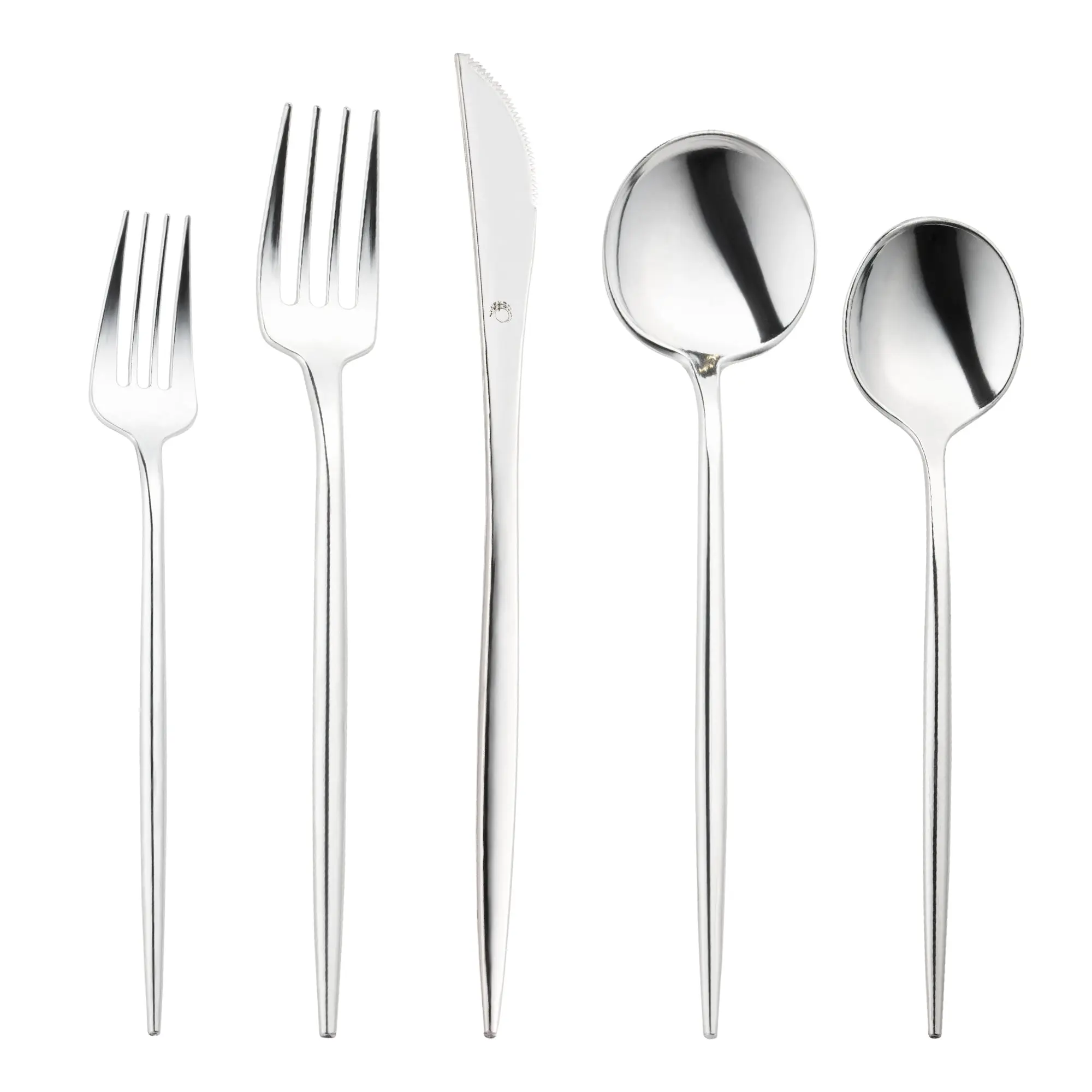 Shiny Silver Moderno Disposable Plastic Cutlery Set - 20 Spoons, 20 Forks, 20 Knives, 20 Dessert Spoons, and 20 Dessert Forks