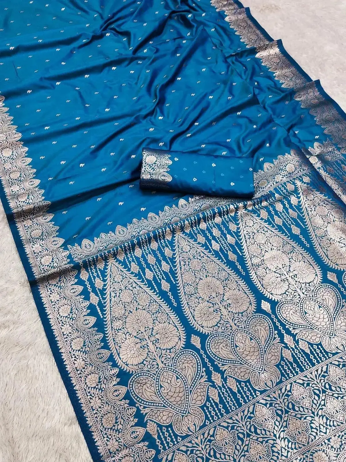 Denim Blue Banarasi Silk Saree with Silver Zari Booties