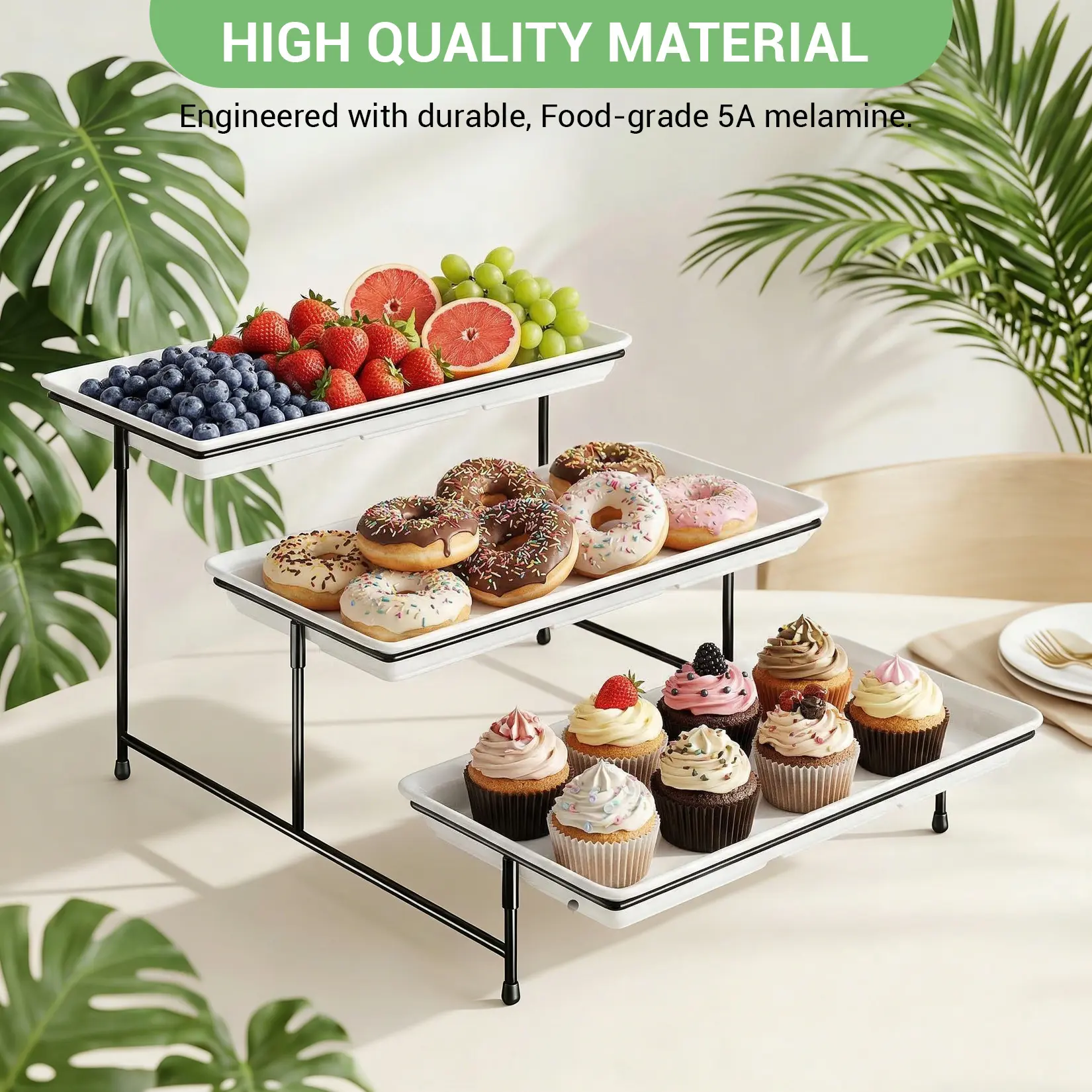 4 Tier Serving Tray Set with Stand, 14 Inch White Melamine Tiered Dessert Stand with Black Metal Foldable Rack, Cupcake Stand for Party, Wedding, Fruit, Snacks & Appetizers