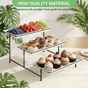 4 Tier Serving Tray Set with Stand, 14 Inch White Melamine Tiered Dessert Stand with Black Metal Foldable Rack, Cupcake Stand for Party, Wedding, Fruit, Snacks & Appetizers