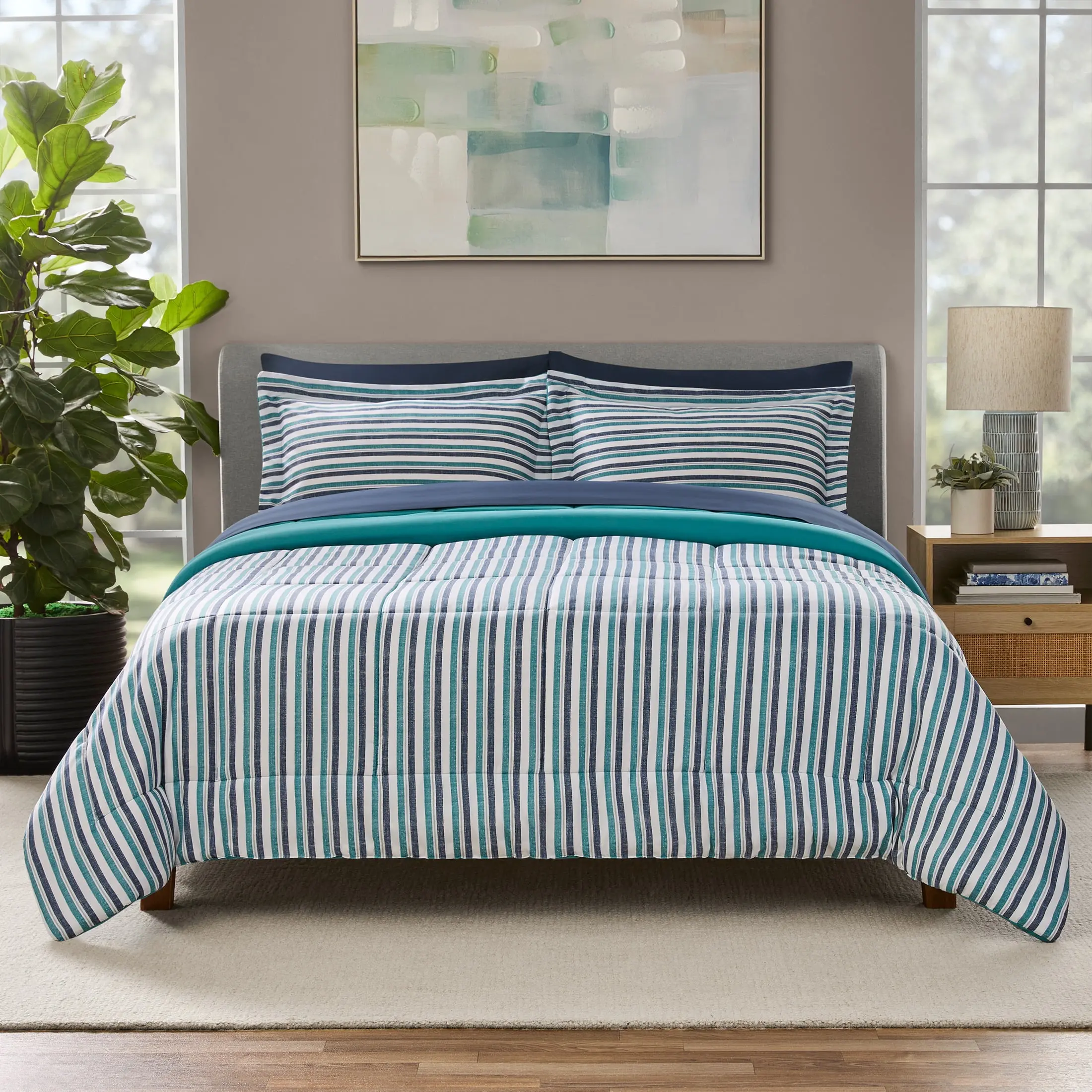 Mainstays All in One Reversible Comforter and Sheet Set- 7 Piece, Queen, Blue Pinstripe