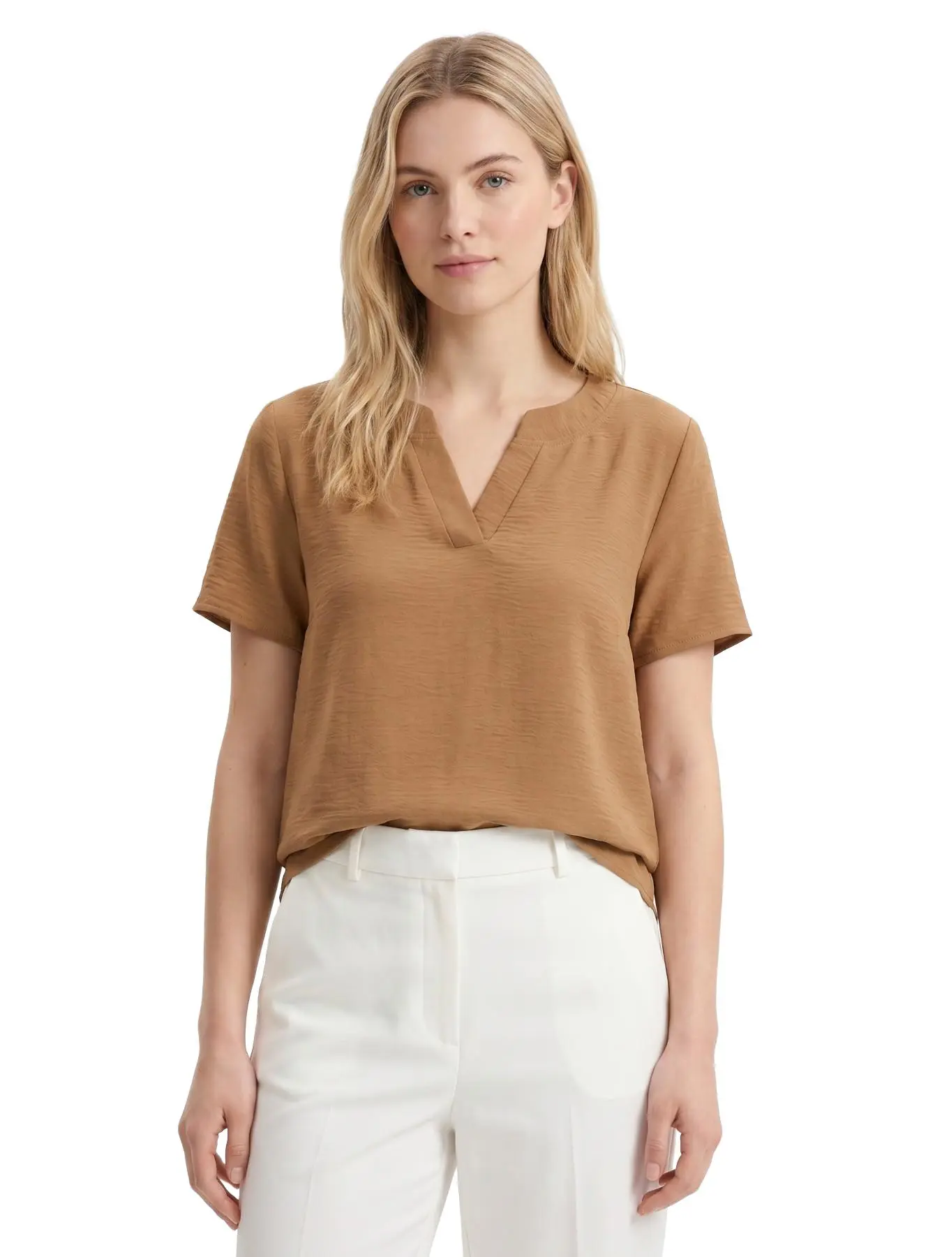 Women's V Neck Notch Short Sleeve Blouse, Elegant Basic Crinkle Textured Flowy Breathable Soft Loose Fit Top, Casual Work Shirt for Office, Commute & Everyday Wear, Womenswear