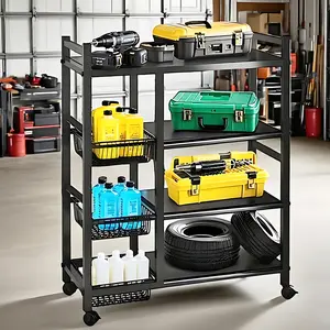 1 Movable Storage Rack Adjustable 3/4 Layer Storage Rack with 2/3 Wire Baskets for Garage Organization & Storage Carbon Steel Cubby Shelf for Kitchen Pantry Bathroom Closet New Home Gifts Organiser Mount