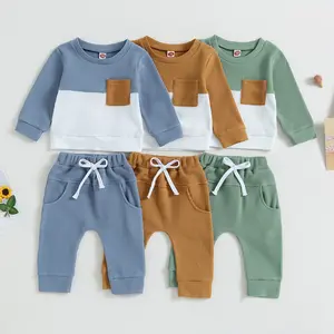 Toddler Baby Boy Fall Winter Clothes Color Block Long Sleeve Sweatshirt Pullover Tops + Joggers Pants Outfit Set