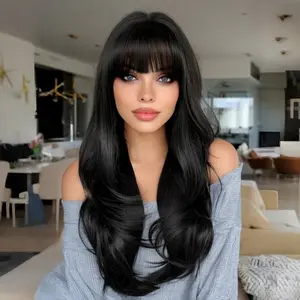 Black 26-inch Long Wig with Bangs for Women - Straight Style, Realistic Scalp, Freestyle Parting, Natural-Looking & Heat-Resistant Synthetic Hair for Daily and Party Use