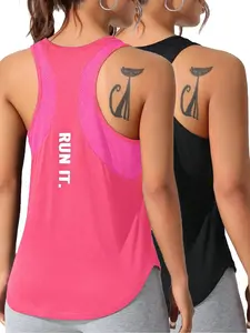 Women's Casual Loose-Fit Yoga Tank Tops, 2-Piece Set, Breathable Elastic Fabric, Plain Pattern, All-Season Workout Clothes, Yoga Sports Vest