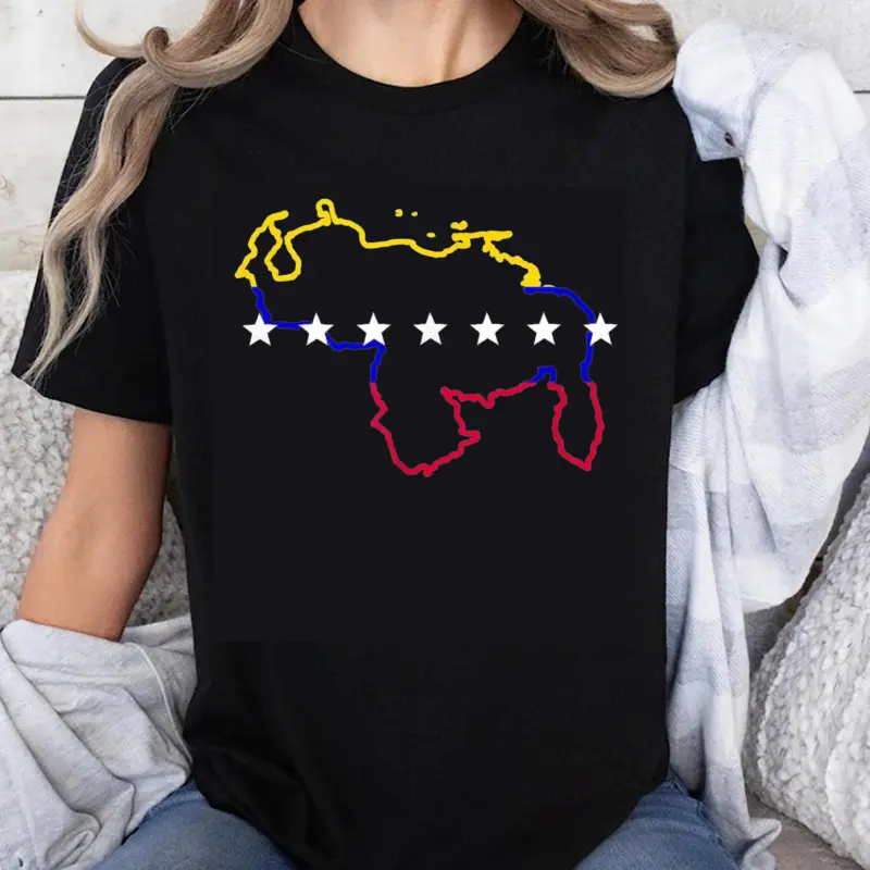 Women's 100% Cotton Round Neck Graphic T-Shirt - Retro Streetwear, Everyday Quirky Map Tee, Venezuela Map Fun, Distressed Look, Flag Stars Outline Top