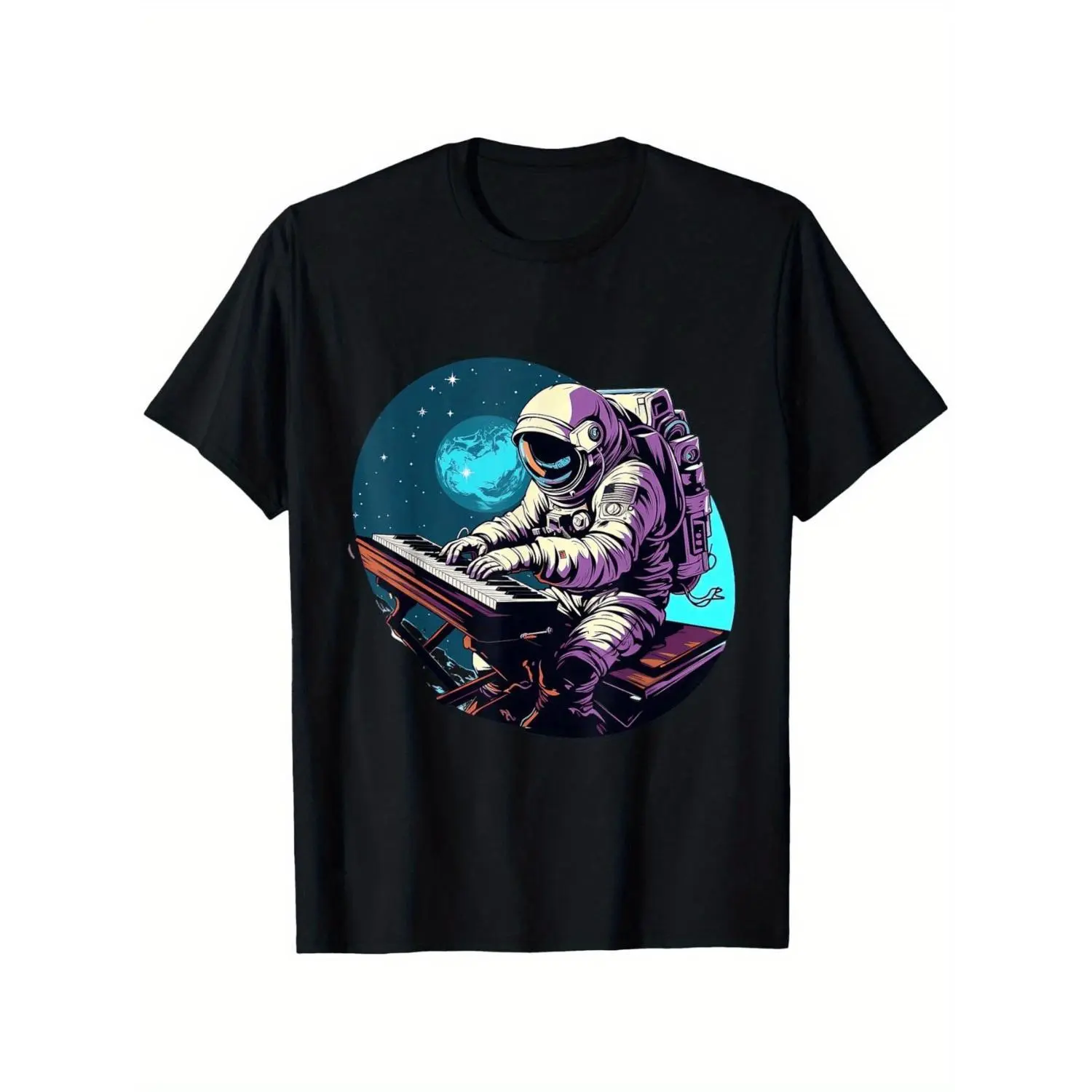 Astronaut Keyboard Graphic T-shirt, Unisex 100% Cotton Short Sleeve Round Neck Tee for Men, Casual Space & Music Theme Top, Tshirt, Shortsleeve, Graphic T Shirts, Menswear, Streetwear