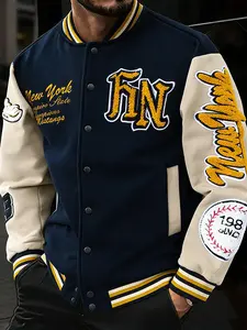 Men's Vintage New York Baseball Jacket, Towel Embroidered Patchwork Design, Streetwear Style Outerwear for Fall & Winter