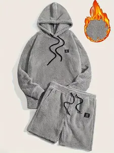 Men's Casual Hoodie Set, Light Relaxed Style, Fitted, Soft Fleece Fabric, Long Sleeve, Hooded Sweatshirt and Shorts Combo, Daily Wear at Home/outdoors, Menswear