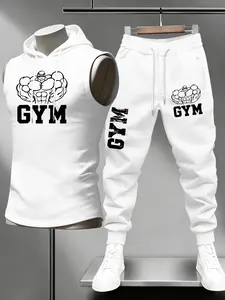 Men's Gym Power Print Hooded Sleeveless Vest Set, Breathable Sweat-Wicking Fabric, Stretchy and Supportive, Durable for High-Intensity Workouts