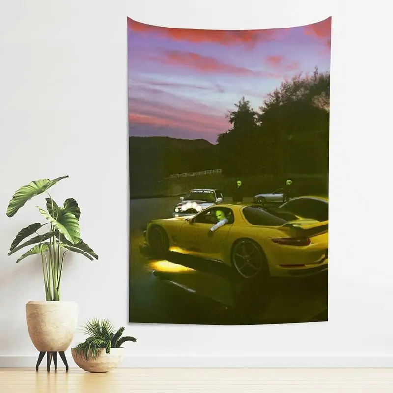 Sports Car at Dusk Tapestry - Stylish Home Decor with Customizable Size, Ideal for Automotive Enthusiasts’ Garages or Bedrooms, Capturing High-Performance Car Allure