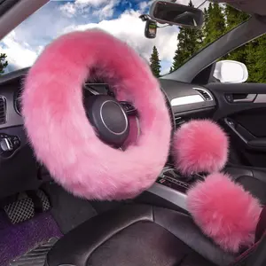 Fashion Fluffy Steering Wheel Covers for Women/Girls/Ladies/Men Australia Pure Wool Universal 15 Inch 1 Set 3 Pcs (Pink)