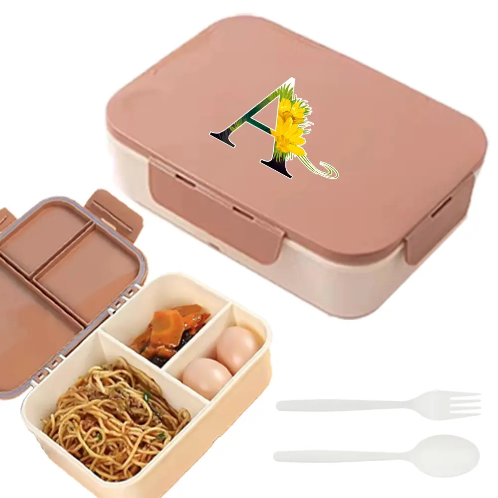 Student Triple-Buckle Bento Lunch Box | 3 Dividers with Built-In Fork & Spoon | Initial Name 26 Letters Colorful Flowers Pattern | Leak-Resistant Flip Lid | Ideal Back to School Meal Prep for Dorms & Classes