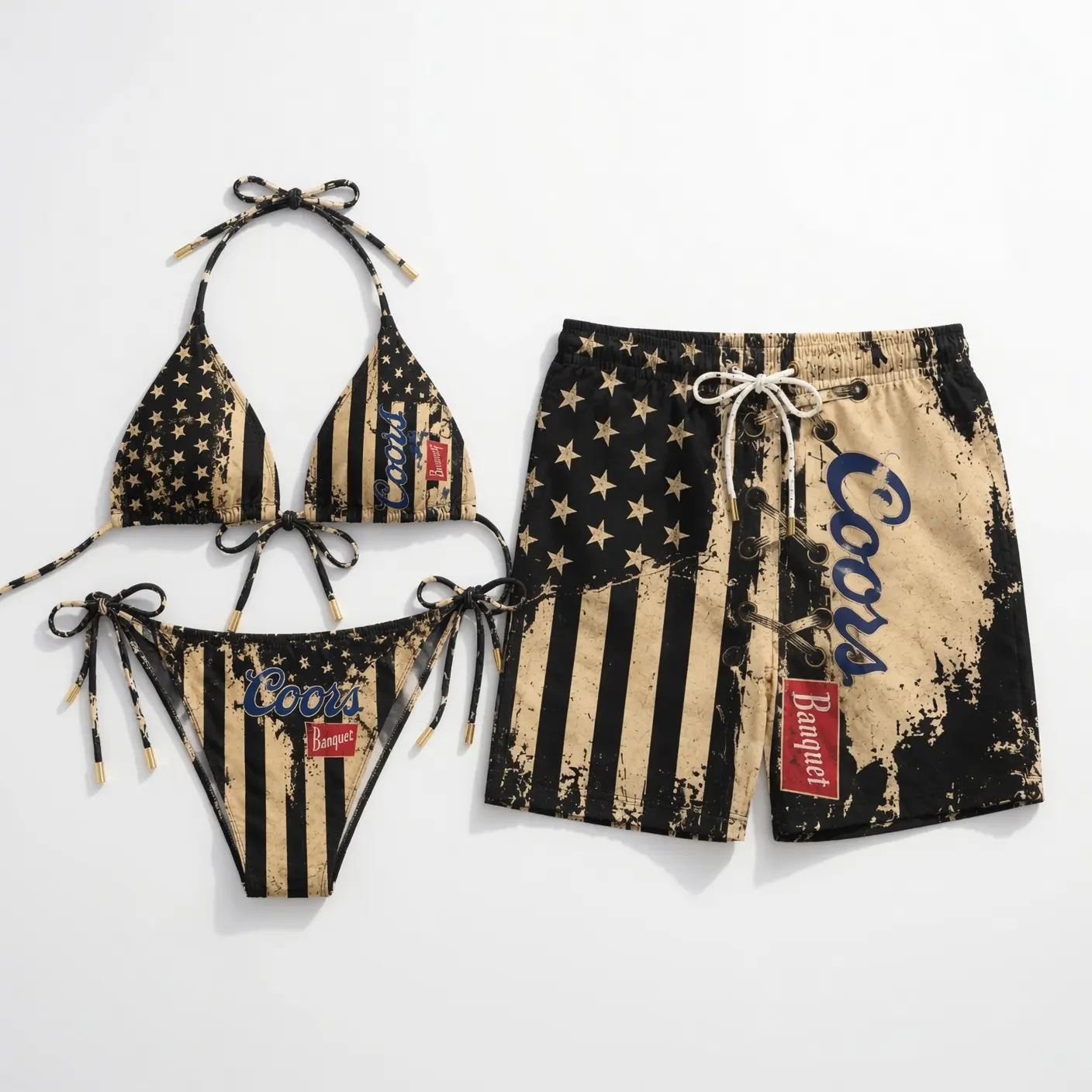 C00RS BANQUET American Flag Matching Couple Swimwear Set, Beer Logo String Bikini and Hawaiian Shorts, His and Hers Patriotic Beach Vacation Outfit Gift
