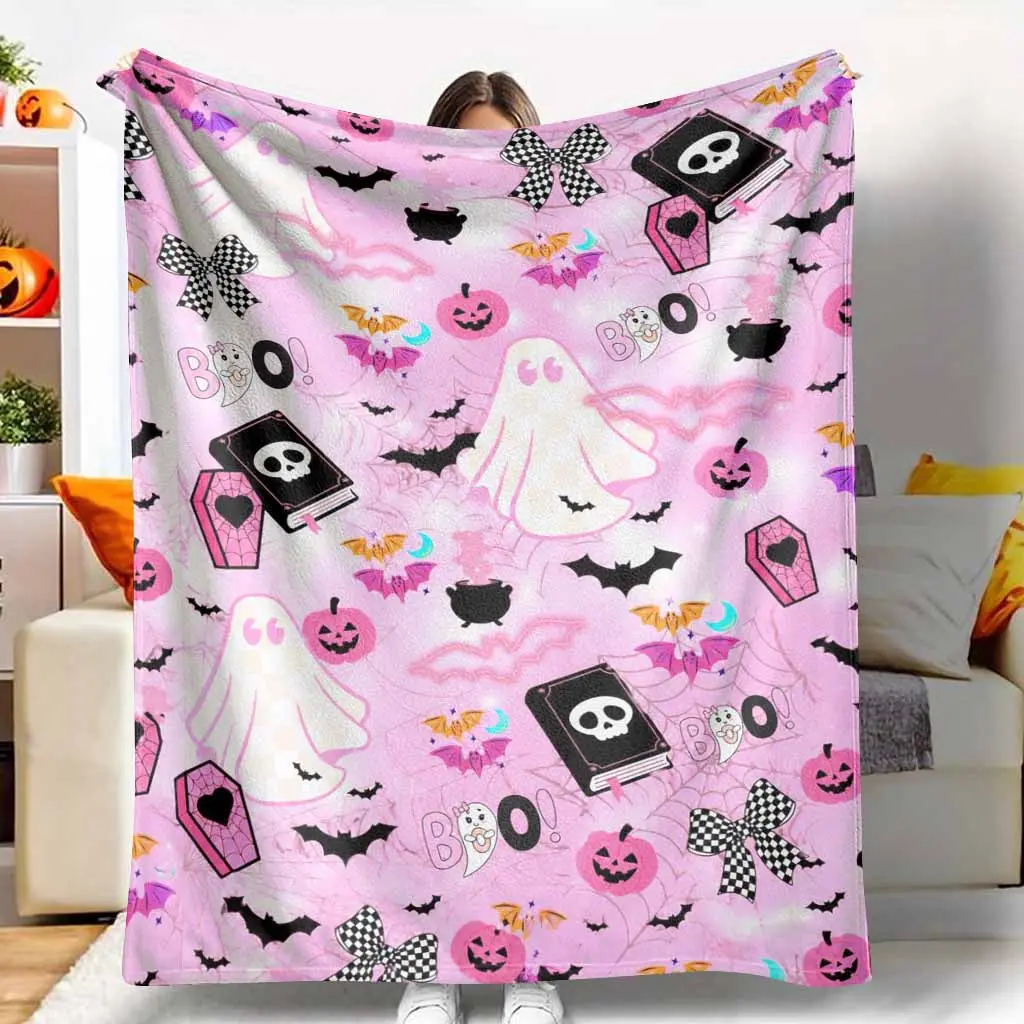Pink Halloween Ghost Flannel Throw Blanket with Anti-Pilling Fabric, Cute Theme Ghost Prints, Boo-Pumpkin-Bat-Coffin-Bow Patterns, Soft Cozy Lightweight Plush for Home/Sofa Bedroom, Halloween Things Gift, Indoor/Outdoor