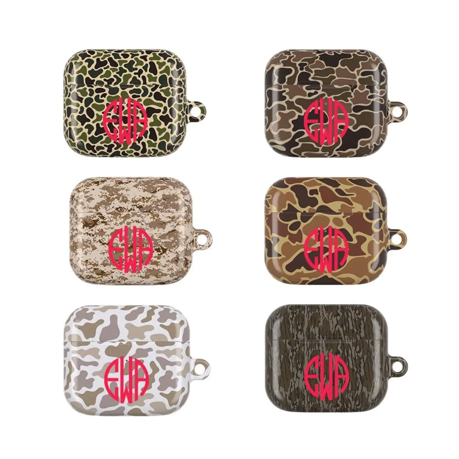 Camo Wireless QI Charging Case - Custom Monogram, Personalized Name, Durable Heavy Duty Polycarbonate Cover, Slim-Fit Shockproof Carabiner, Secure Multi Models Accessory for 1/2/3/4 & Pro 1/2 In-Ear Earbuds (No Earbuds Included)