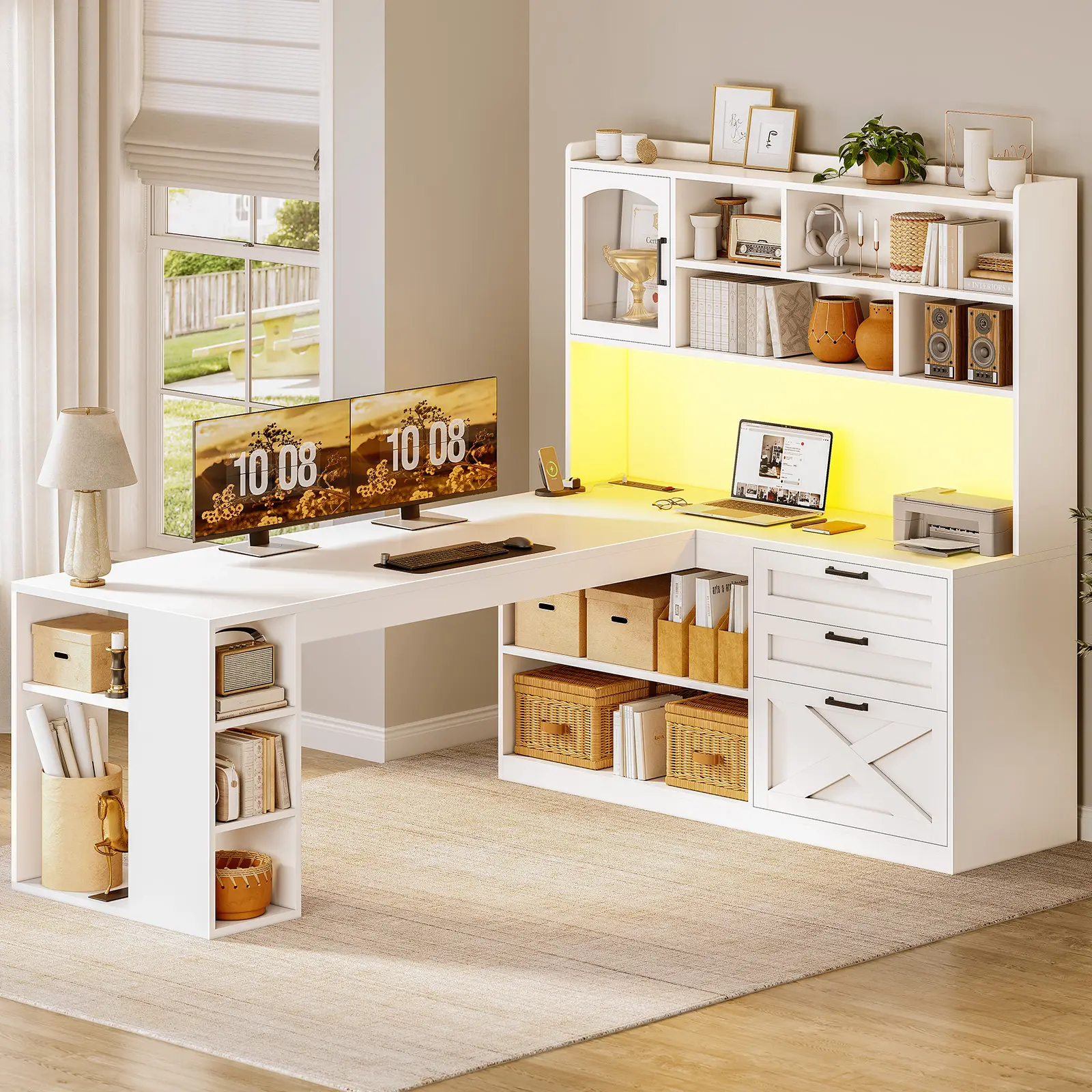 Sedeta Farmhouse Sturdy Computer Desk - 61-in L-Shaped Wood Home Office Corner Workstation with Drawers Organization, Storage Drawer Platform, Shelves, Power Outlet, LED Light, USB Ports, Display Cabinet