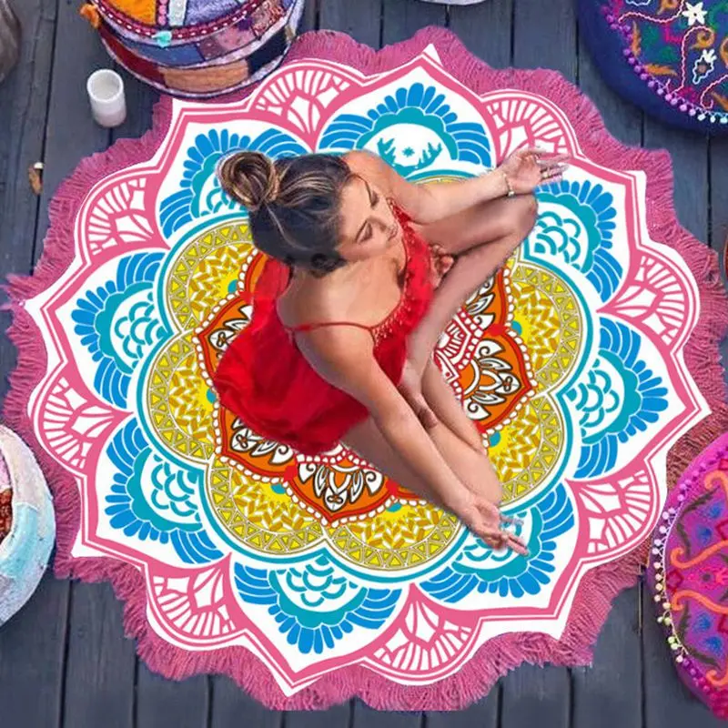 Colorful Mexican-Themed Yoga Bath Towel, Polygon-Printed Round Towel with Tassel for Bathroom Use, Colorful Bath Towels, Mexican-Themed Bath Towels