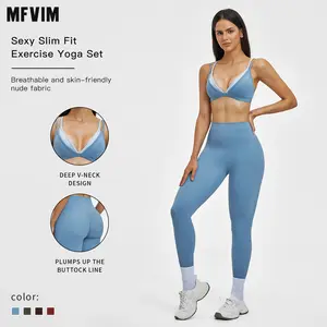 MFVIM women’s premium yoga fitness set featuring a quick-dry sports bra and high-waisted athletic leggings with a backless design, suitable for running and workouts, made from breathable, comfortable fabric that provides a snug fit.