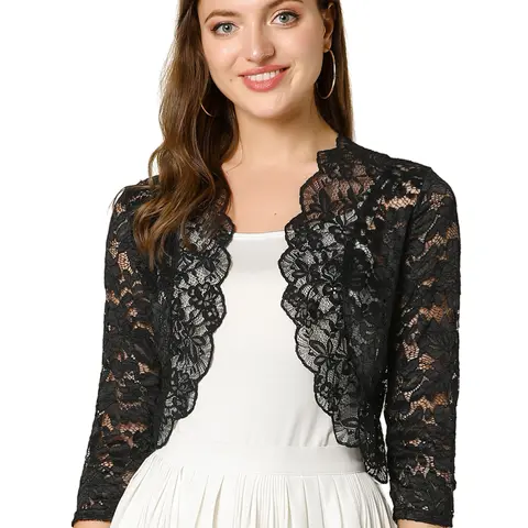 INSPIRE CHIC 3/4 Sleeve Sheer Floral Lace Shrug Top