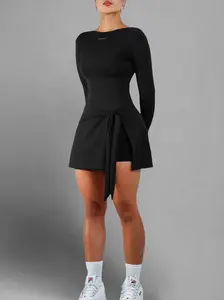 Dainty Tie-Up Long Sleeve Tennis Dress (Black)