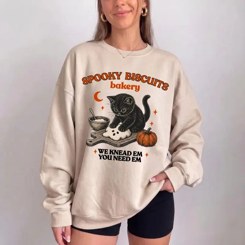 Kitty Biscuits Sweatshirt, Spooky Black Cat Halloween Crewneck, Vintage Baking Pumpkin Pullover, Cute Cat Lover Sweater, Cozy Fall Autumn Gift