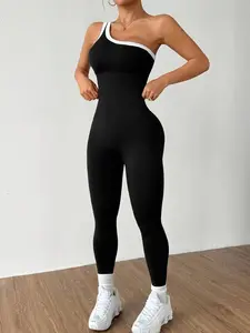 Women's Colorblock Asymmetrical Neck Sleeveless Knit Yoga Jumpsuit, Workout Jumpsuits, Casual Slim-Fitting Long Sleeve Top for All Seasons