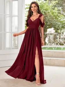 Elegant V-Neck Backless Midi Dress for Women, Flowing Chiffon Material, High Split Design, Perfect for Bridesmaids & Special Occasions
