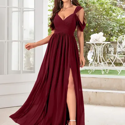 damas dresses burgundy Lace-Bodice Long A-Line Formal Dress with Short Sleeve PromGirl