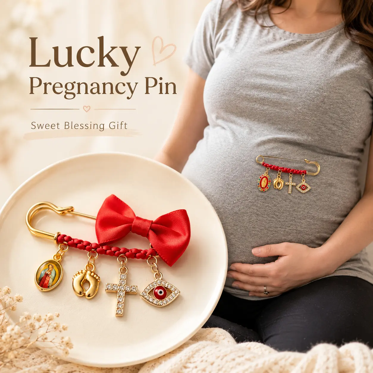 Safety Pin Brooch - Protection Baby Stroller Pin with Evil Eye, Cross, Virgin Mary & Angel Wings Charms, Red Ribbon Lucky Pregnancy Brooch for Maternity Clothes, Baby Crib, Diaper Bag & Newborn Baptism, Blessing Gift for Expecting Moms & New Mothers